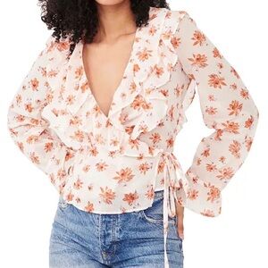 Free People Amanda Cotton Floral Ruffled Wrap Top- Cream and Orange